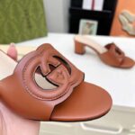 Gucci Women GG Interlocking G Slide Sandal Brown Leather Mid-Heel – Image 8
