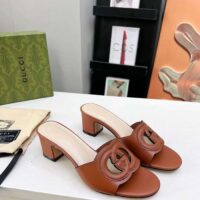 Gucci Women GG Interlocking G Slide Sandal Brown Leather Mid-Heel (6)