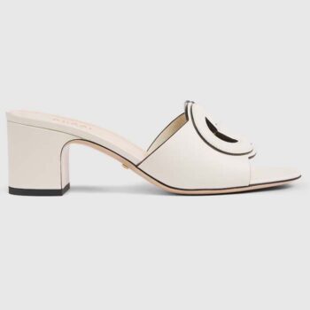 Gucci Women GG Interlocking G Slide Sandal White Leather Mid-Heel