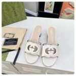 Gucci Women GG Interlocking G Slide Sandal White Leather Mid-Heel – Image 4