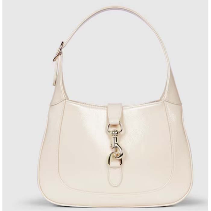 Gucci Women GG Jackie Small Shoulder Bag Ivory Patent Leather Hook Closure