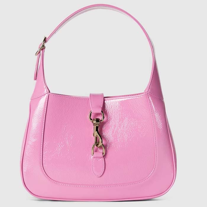 Gucci Women GG Jackie Small Shoulder Bag Pink Patent Leather Hook Closure