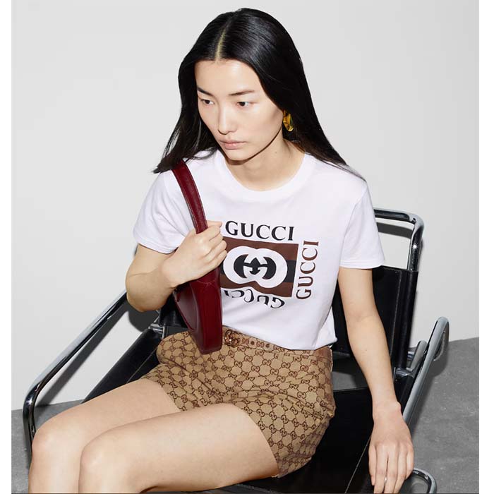 Gucci Women GG Jersey T-Shirt Print White Lightweight Cotton Crewneck Short Sleeves