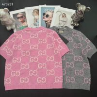Gucci Women GG Knit Wool Top Pink Crewneck Short Sleeves (4)