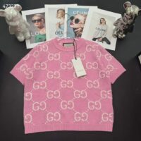 Gucci Women GG Knit Wool Top Pink Crewneck Short Sleeves (4)