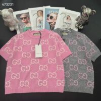 Gucci Women GG Knit Wool Top Pink Crewneck Short Sleeves (4)