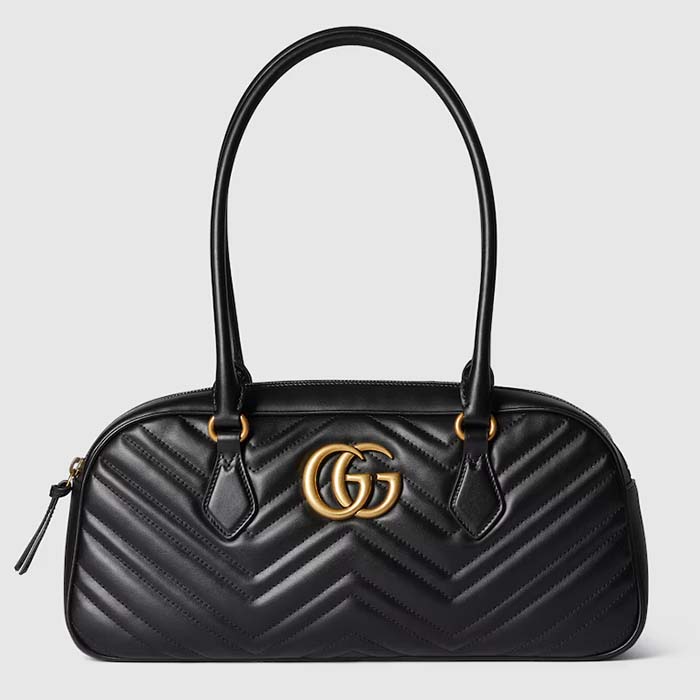 Gucci Women GG Marmont Medium Top Handle Bag Black Matelassé Chevron Leather