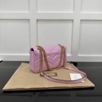 Gucci Women GG Marmont Small Shoulder Bag Pink Iridescent Quilted Chevron Leather (9)