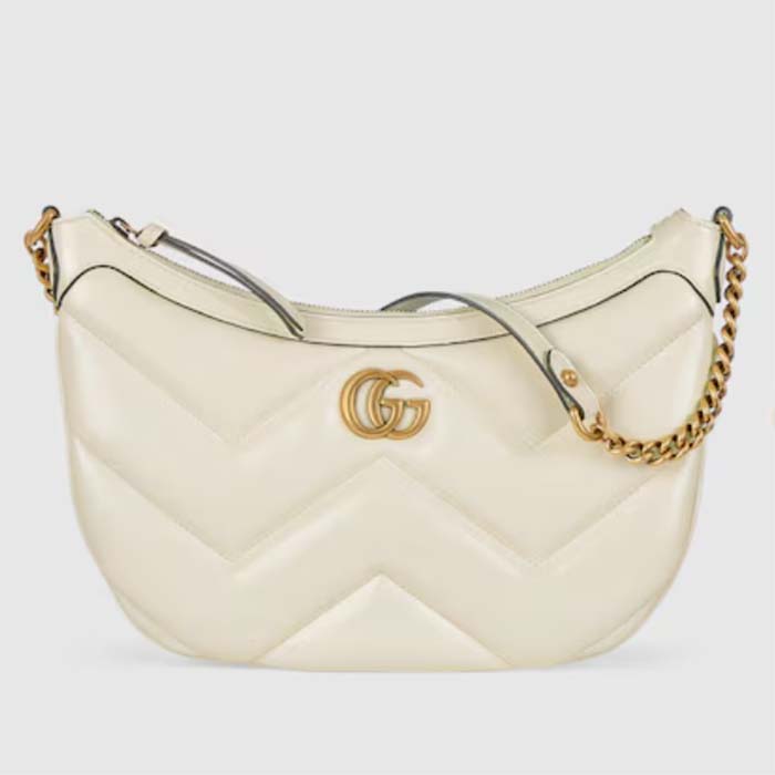 Gucci Women GG Marmont Small Shoulder White Matelassé Chevron Leather Double G
