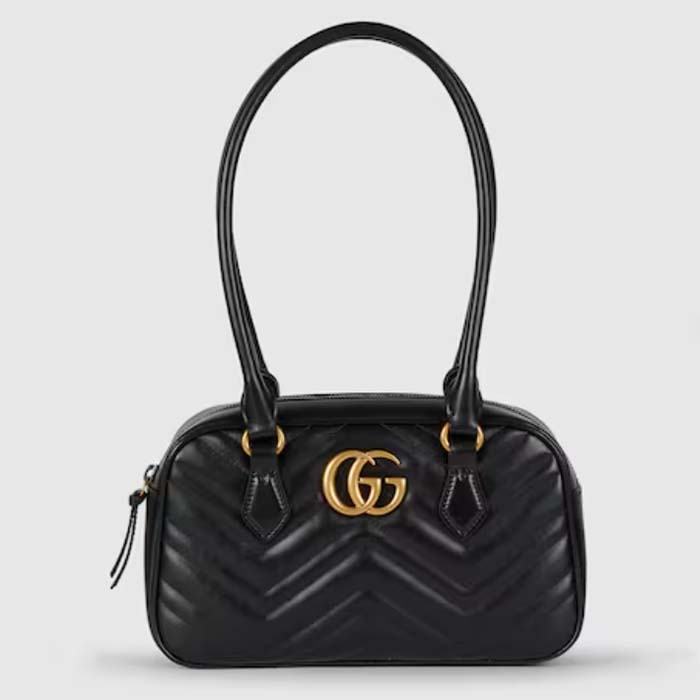 Gucci Women GG Marmont Small Top Handle Bag Black Matelassé Leather Chevron