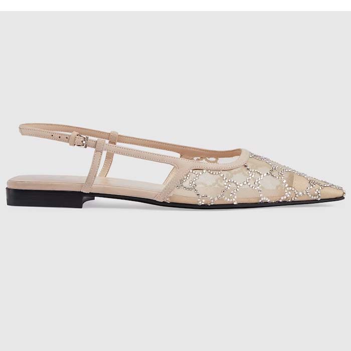 Gucci Women GG Slingback Ballet Flat Rose Beige Mesh GG Crystals Leather