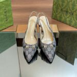 Gucci Women Horsebit Slingback Pump Beige Blue Original GG Canvas Low Heel - Image 6