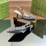 Gucci Women Horsebit Slingback Pump Beige Blue Original GG Canvas Low Heel - Image 9
