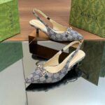 Gucci Women Horsebit Slingback Pump Beige Blue Original GG Canvas Low Heel - Image 3
