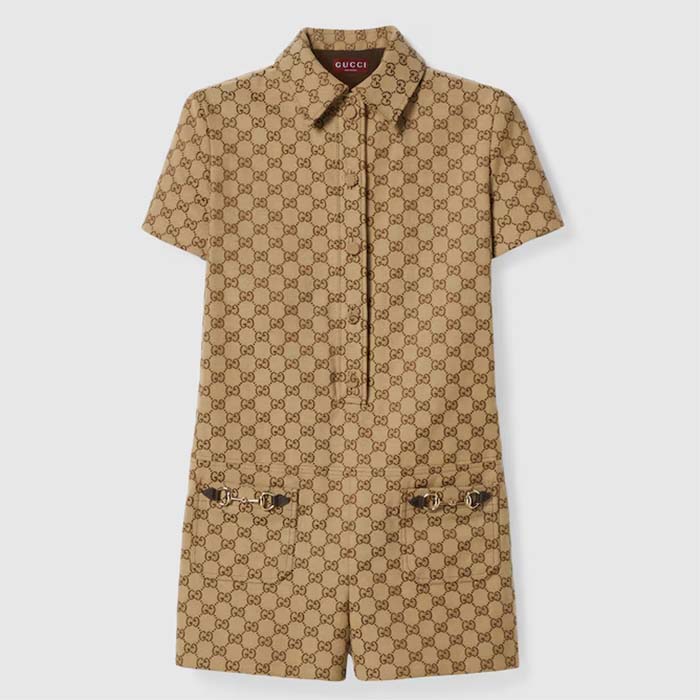 Gucci Women Original GG Canvas Jumpsuit Point Neck Short Sleeves Straight Fit