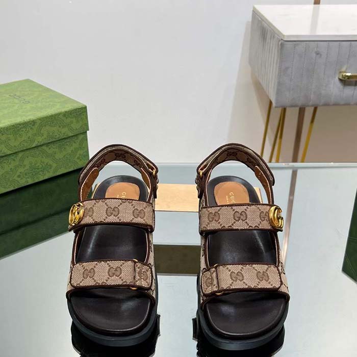 Gucci Women’s Double G Sandal Beige Ebony Original GG Canvas Rubber Flat