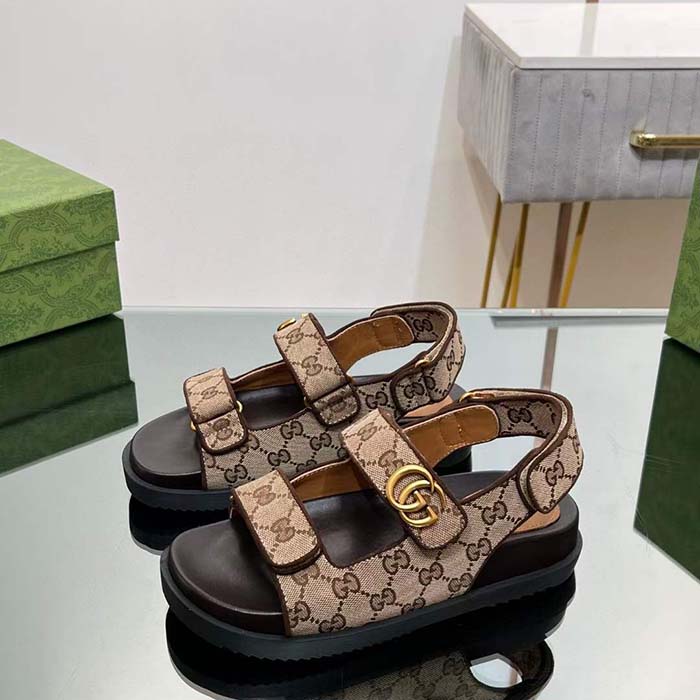 Gucci Women’s Double G Sandal Beige Ebony Original GG Canvas Rubber Flat