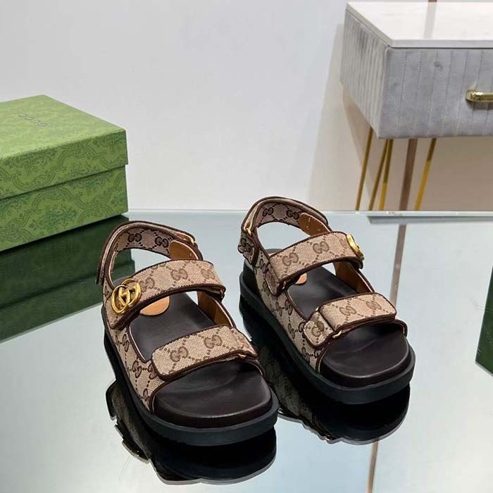 Gucci Women’s Double G Sandal Beige Ebony Original GG Canvas Rubber Flat