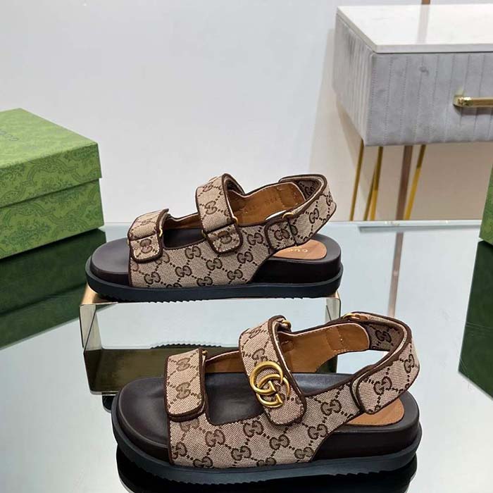 Gucci Women’s Double G Sandal Beige Ebony Original GG Canvas Rubber Flat