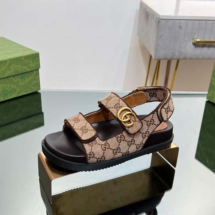 Gucci Women’s Double G Sandal Beige Ebony Original GG Canvas Rubber Flat