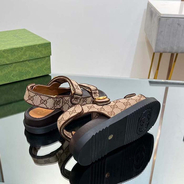 Gucci Women’s Double G Sandal Beige Ebony Original GG Canvas Rubber Flat