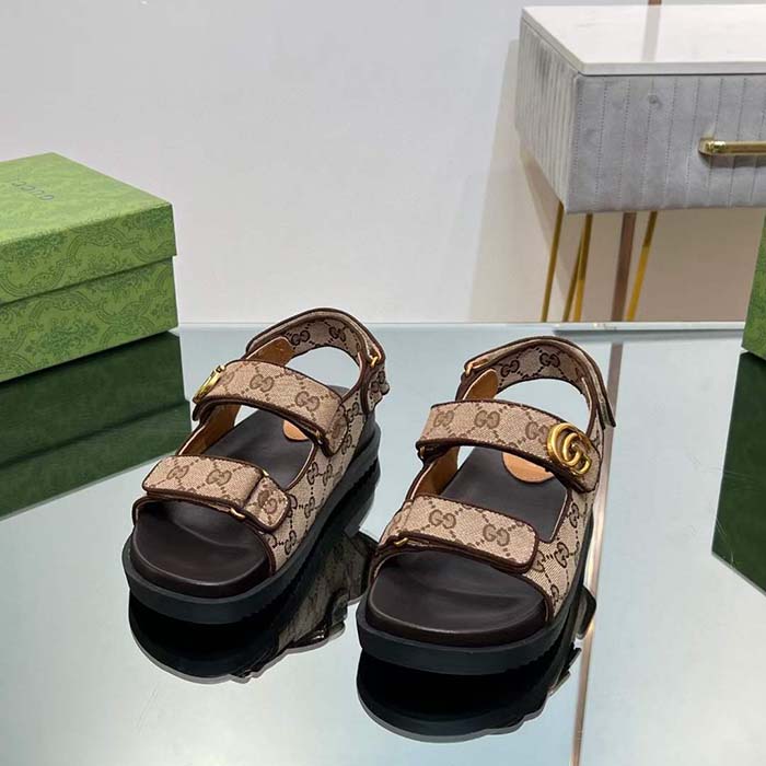 Gucci Women’s Double G Sandal Beige Ebony Original GG Canvas Rubber Flat
