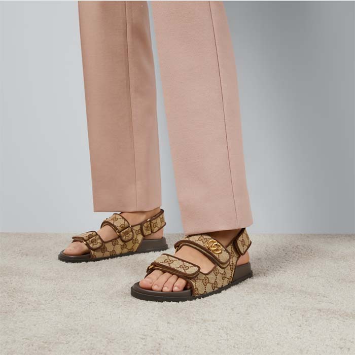 Gucci Women’s Double G Sandal Beige Ebony Original GG Canvas Rubber Flat