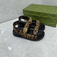 Gucci Women’s Double G Sandal Brown Black Leopard Print Calf Hair Fabric (5)