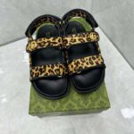 Gucci Women's Double G Sandal Brown Black Leopard Print Calf Hair Fabric - Bild 5