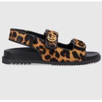 Gucci Women's Double G Sandal Brown Black Leopard Print Calf Hair Fabric