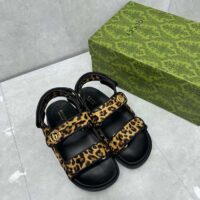 Gucci Women’s Double G Sandal Brown Black Leopard Print Calf Hair Fabric (5)