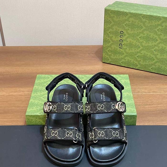 Gucci Women’s Sandal Double G Black Grey GG Denim Rubber Flat