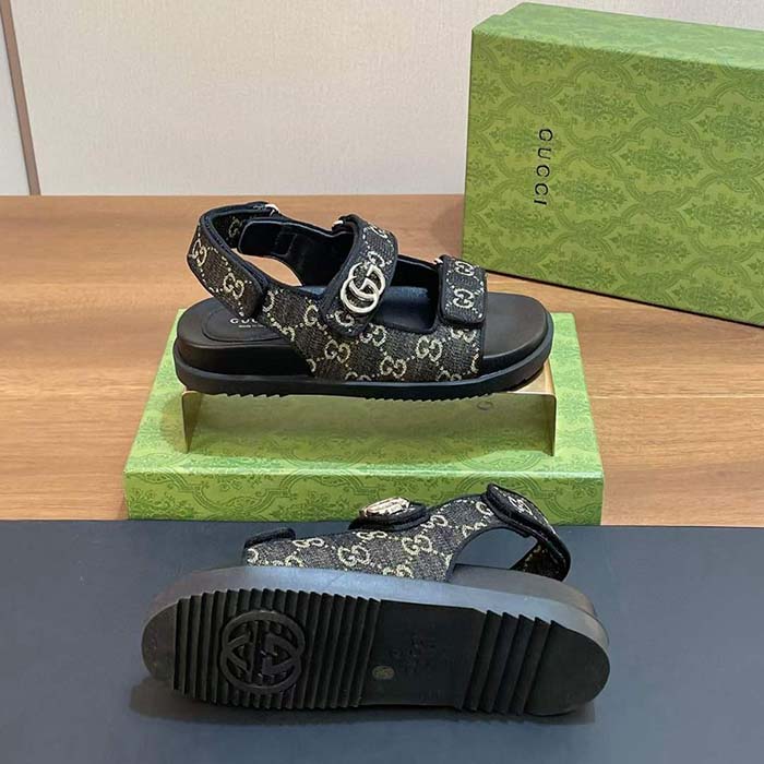 Gucci Women’s Sandal Double G Black Grey GG Denim Rubber Flat