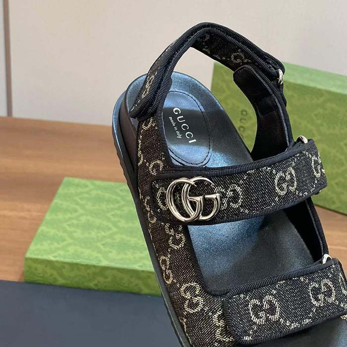 Gucci Women’s Sandal Double G Black Grey GG Denim Rubber Flat
