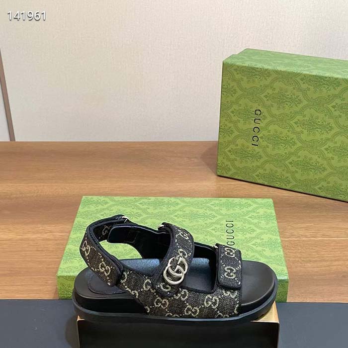 Gucci Women’s Sandal Double G Black Grey GG Denim Rubber Flat