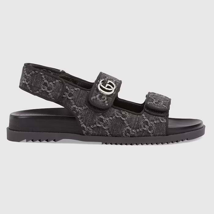 Gucci Women's Sandal Double G Black Grey GG Denim Rubber Flat