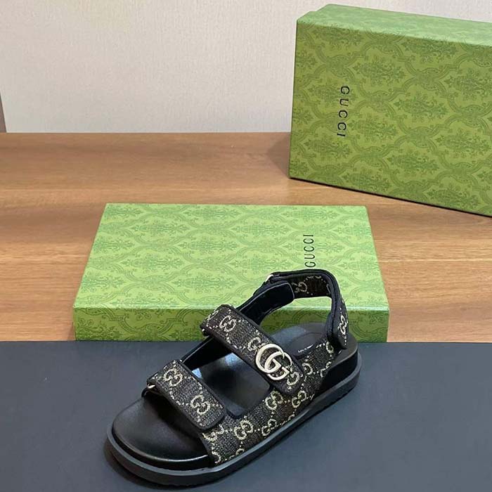 Gucci Women’s Sandal Double G Black Grey GG Denim Rubber Flat