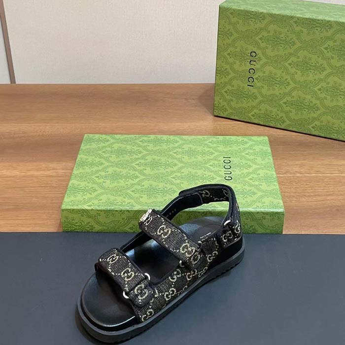 Gucci Women’s Sandal Double G Black Grey GG Denim Rubber Flat