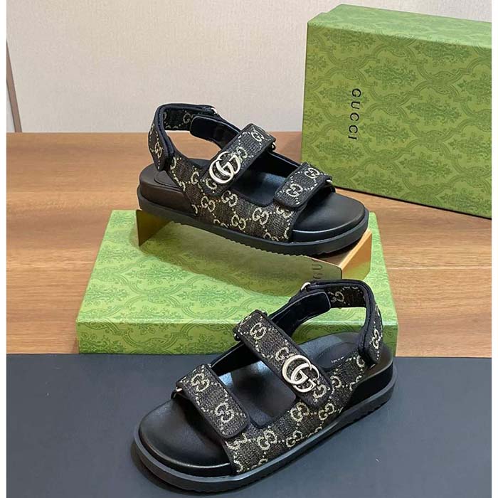 Gucci Women’s Sandal Double G Black Grey GG Denim Rubber Flat