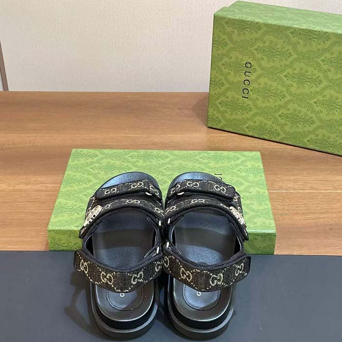 Gucci Women’s Sandal Double G Black Grey GG Denim Rubber Flat