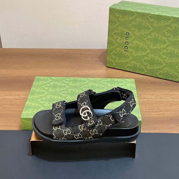 Gucci Women’s Sandal Double G Black Grey GG Denim Rubber Flat