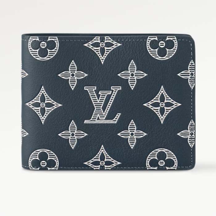 Louis Vuitton LV Unisex Multiple Wallet Blue White Monogram Shadow Calfskin Leather M83379