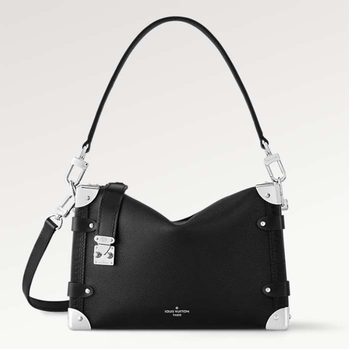 Louis Vuitton LV Women Side Trunk MM Handbag Black Grained Calf Leather M25160