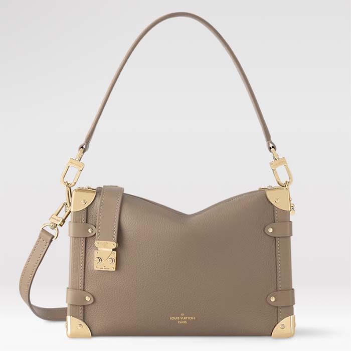 Louis Vuitton LV Women Side Trunk MM Handbag Taupe Grained Calf Leather M25072