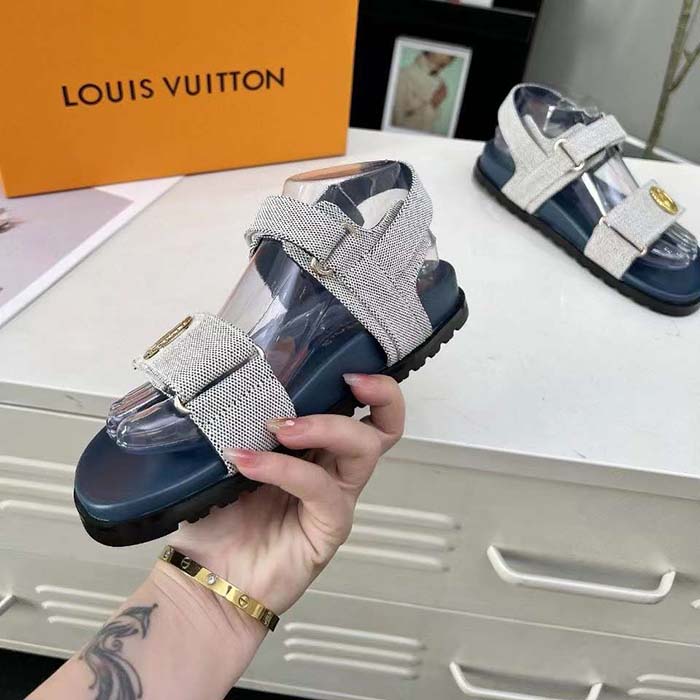 Louis Vuitton Unisex LV Sunset Flat Comfort Sandal Navy Blue White Textile