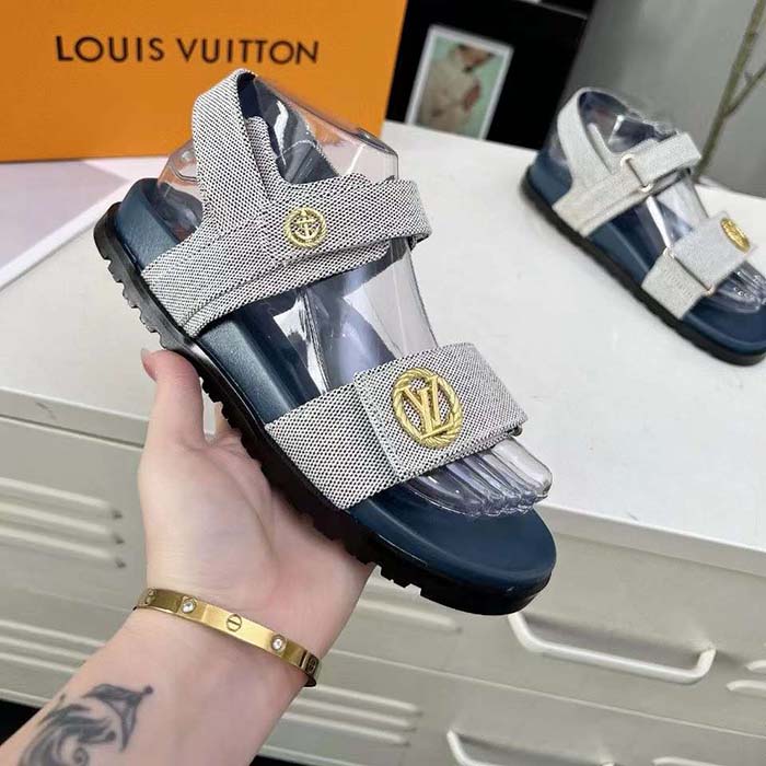 Louis Vuitton Unisex LV Sunset Flat Comfort Sandal Navy Blue White Textile