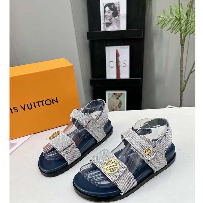 Louis Vuitton Unisex LV Sunset Flat Comfort Sandal Navy Blue White Textile