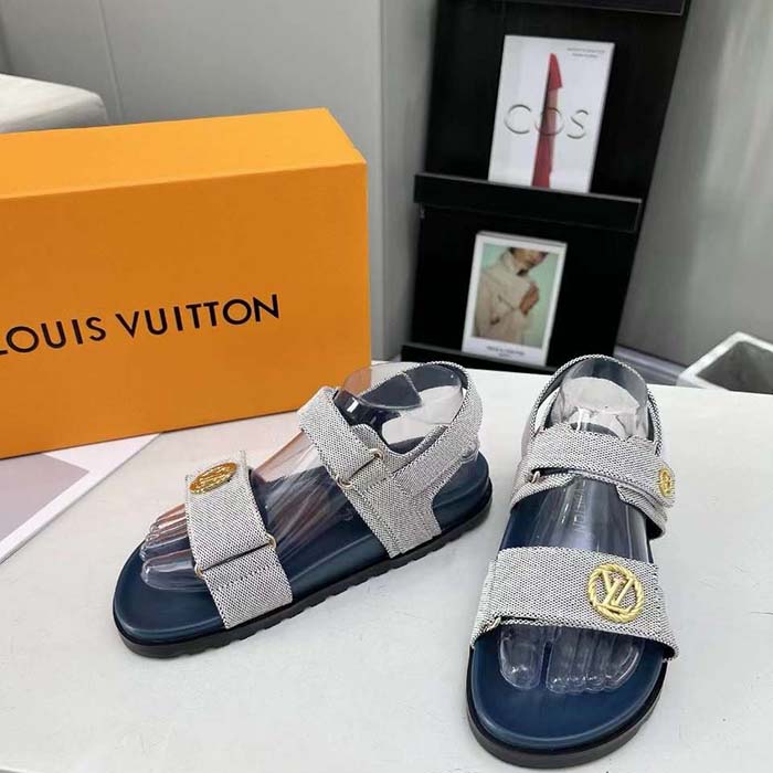 Louis Vuitton Unisex LV Sunset Flat Comfort Sandal Navy Blue White Textile