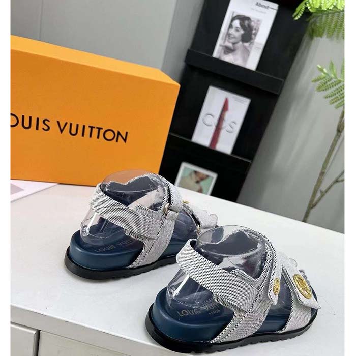 Louis Vuitton Unisex LV Sunset Flat Comfort Sandal Navy Blue White Textile