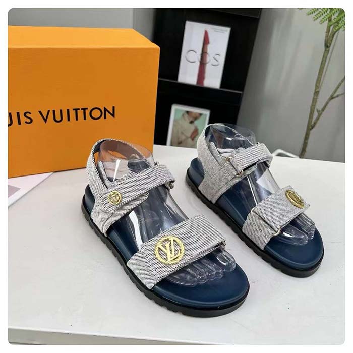 Louis Vuitton Unisex LV Sunset Flat Comfort Sandal Navy Blue White Textile